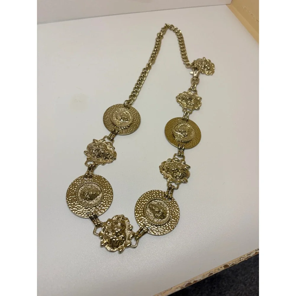 Vintage Gold Tone Lion Head Medallion Chain Belt Necklace Hammered Coin  36in